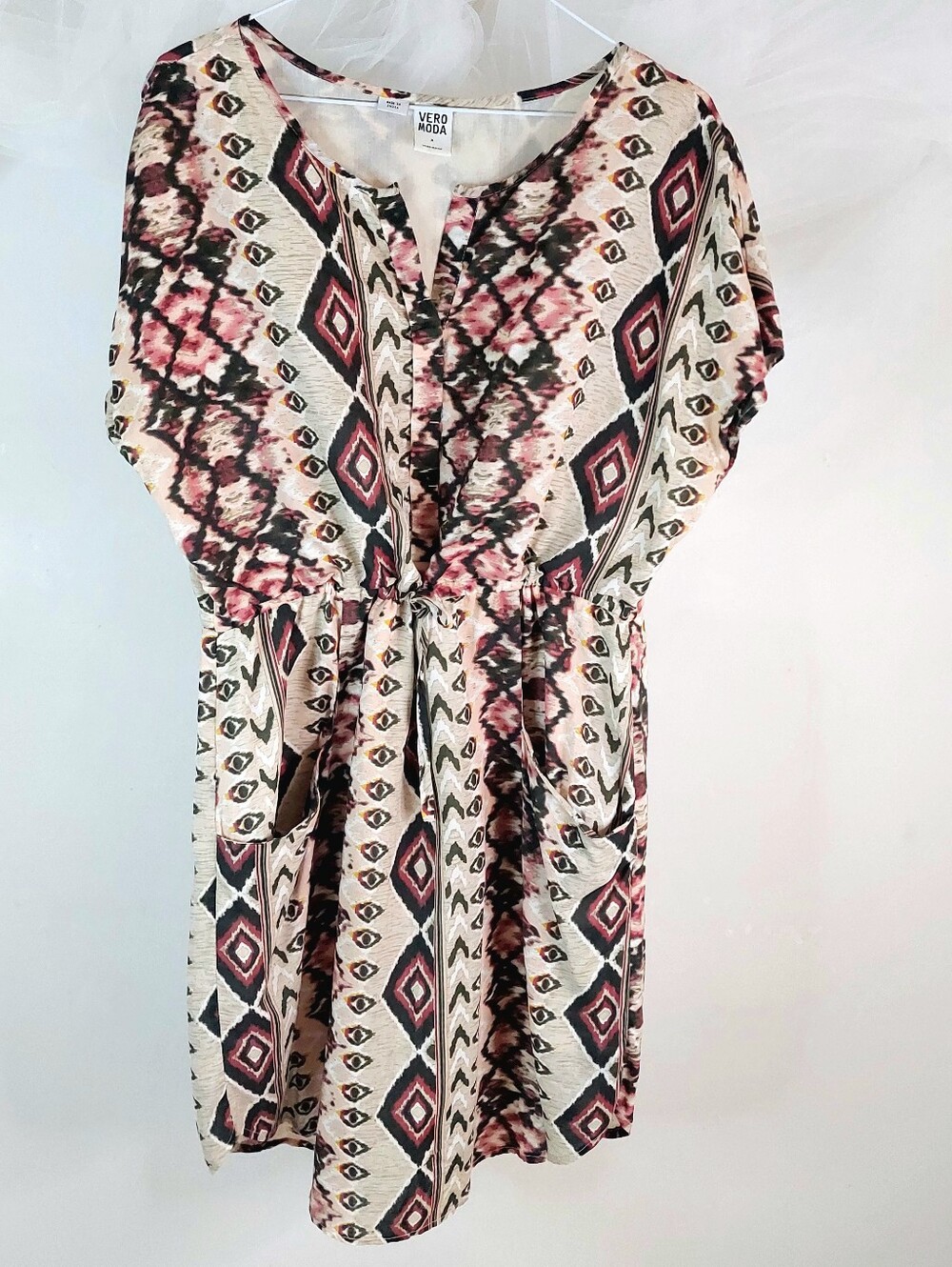 Vero Moda Boho Ikat Geometric Print Button Front Dress with Pockets Medium